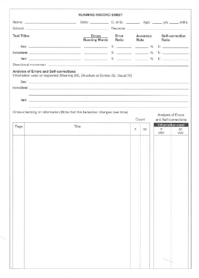 Running Record Sheet Pad (200 sheets)                                                                       - Teacher Resource